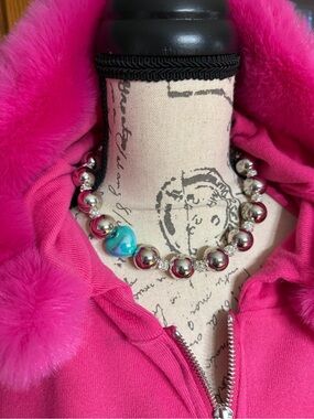 Tiffany & Co.  Silver Bead Necklace with Turquoise Heart Accent 18in